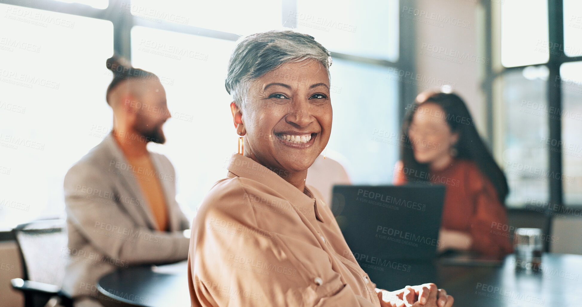 Buy stock photo Business meeting, mature and portrait of woman in office for discussion, planning and teamwork. Collaboration, corporate and face of worker for company startup, success and discussion for ideas