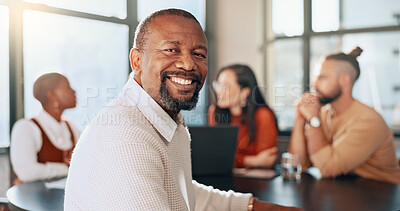 Happy black man, portrait and business meeting with office teamwork, management and workflow support for startup success. Smile, motivation and mature leadership, manager or collaboration in workshop