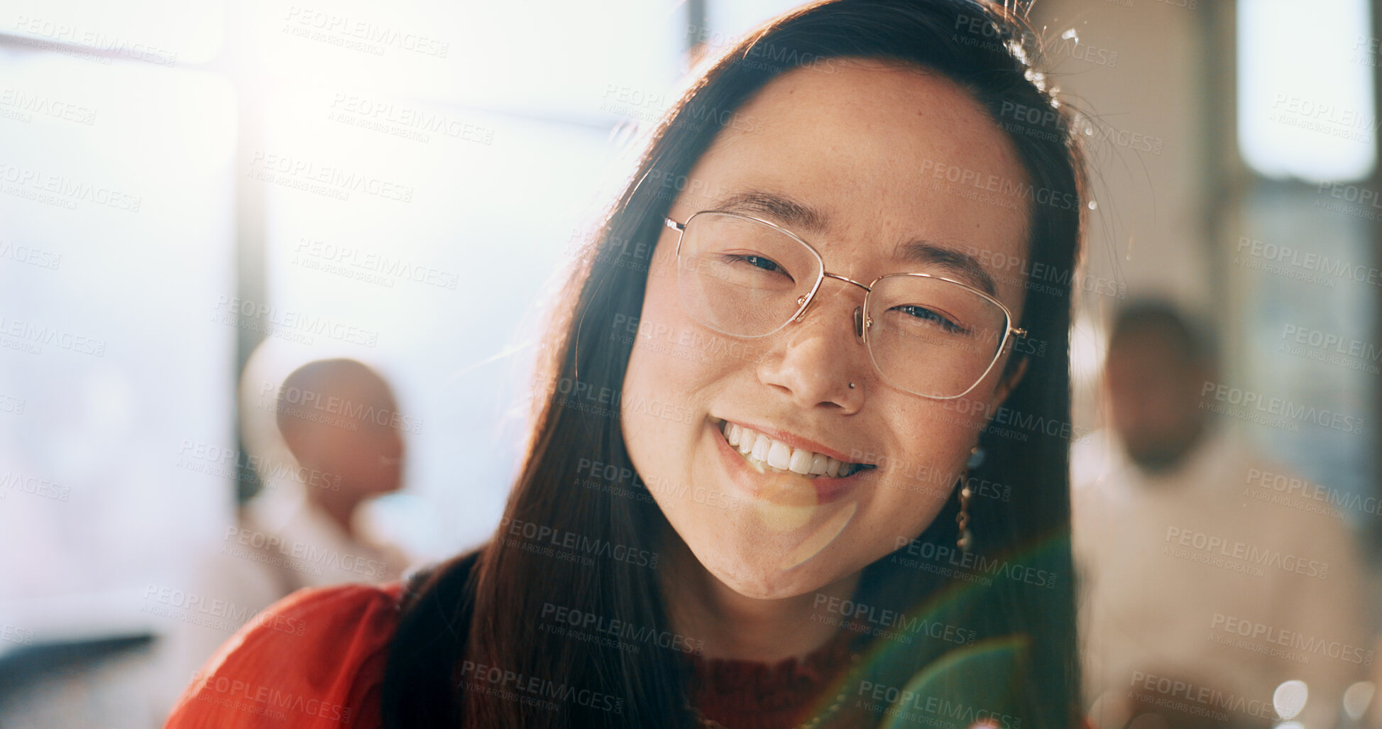 Buy stock photo Happy, meeting and portrait of business Asian woman in office for discussion, planning and teamwork. Collaboration, corporate and face of worker for company startup, success and discussion for ideas