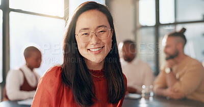 Face, team work or Japanese woman in a meeting planning a advertising strategy for sales growth for a startup. Portrait, happy or employee with pride, marketing experience or our vision for success