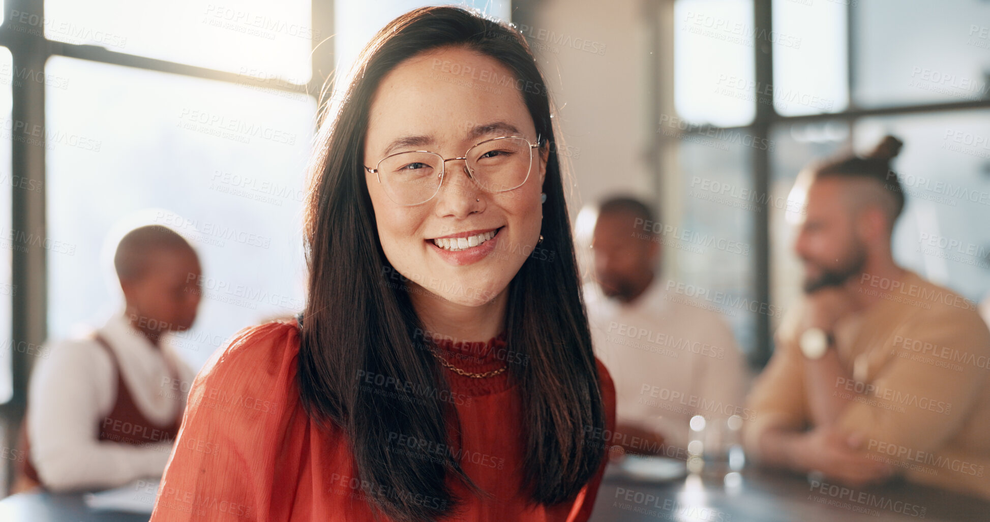 Buy stock photo Happy, business meeting and portrait of Asian woman in office for discussion, planning and teamwork. Collaboration, corporate and face of worker for company startup, success and discussion for ideas