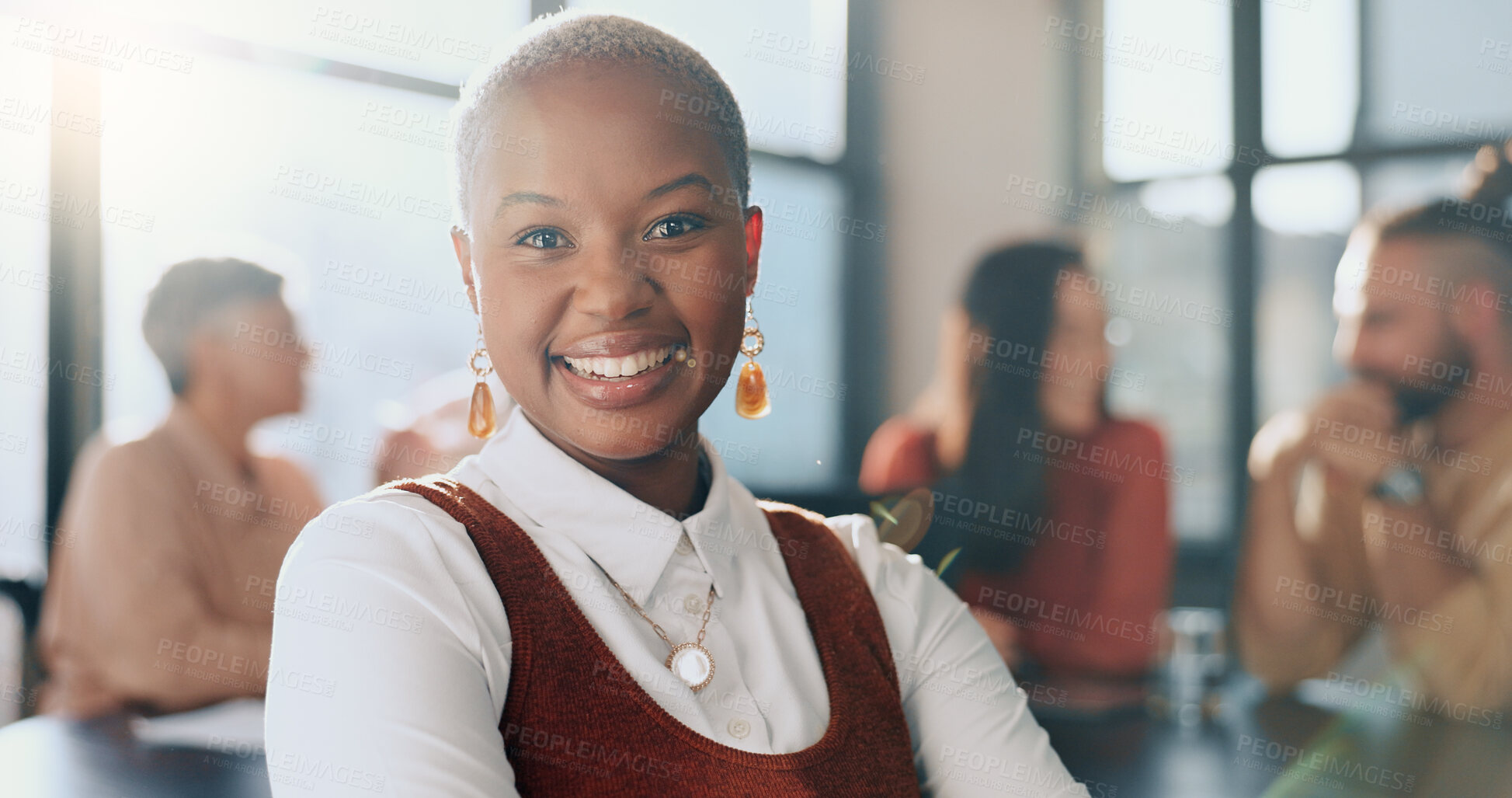 Buy stock photo Happy, meeting and portrait of business black woman in office for discussion, planning and teamwork. Collaboration, corporate and face of worker for company startup, success and discussion for ideas