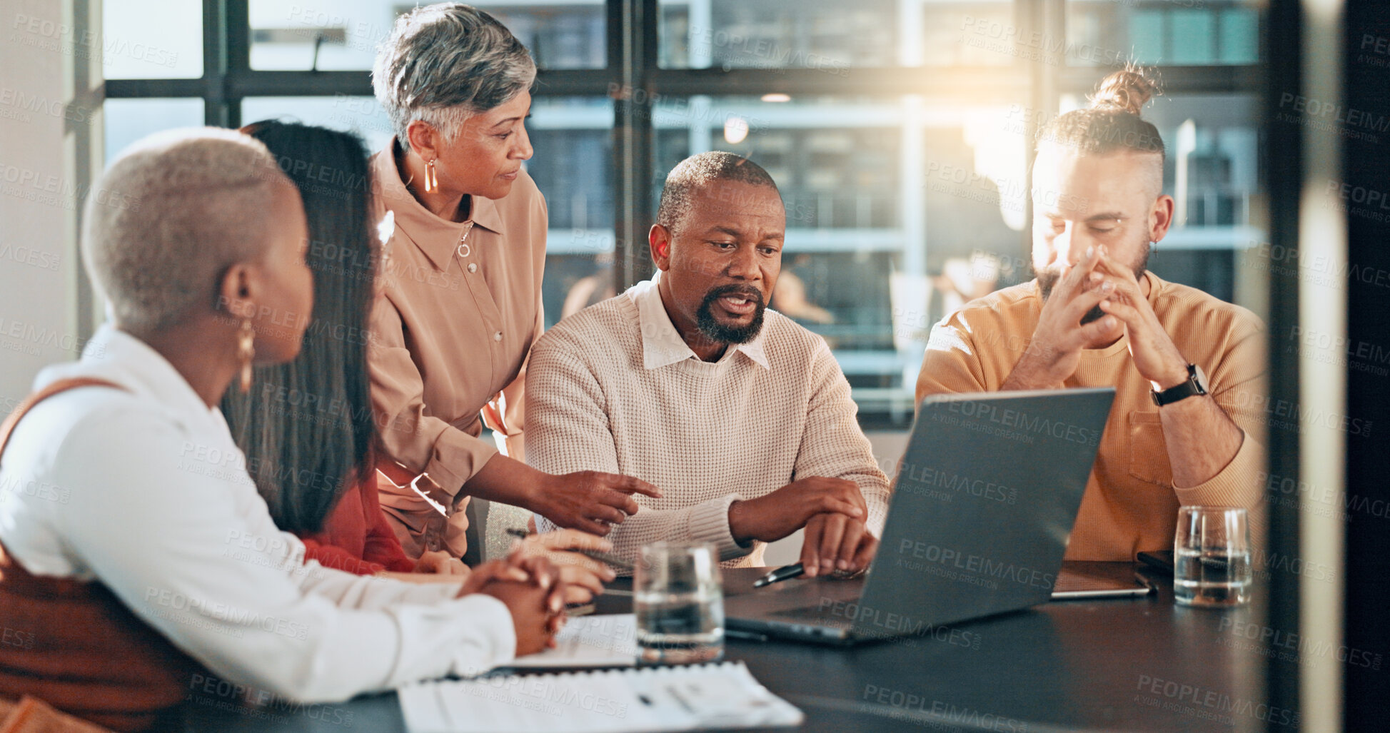 Buy stock photo Business people, teamwork and discussion with laptop in meeting with problem solving, collaboration and leadership. Team, manager and help with strategy, planning and employees talk about goals