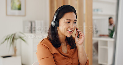 Business woman, face or talking on call center computer in telemarketing office, b2b sales company or in crm contact us. Smile, happy or receptionist with customer support headset or technology help