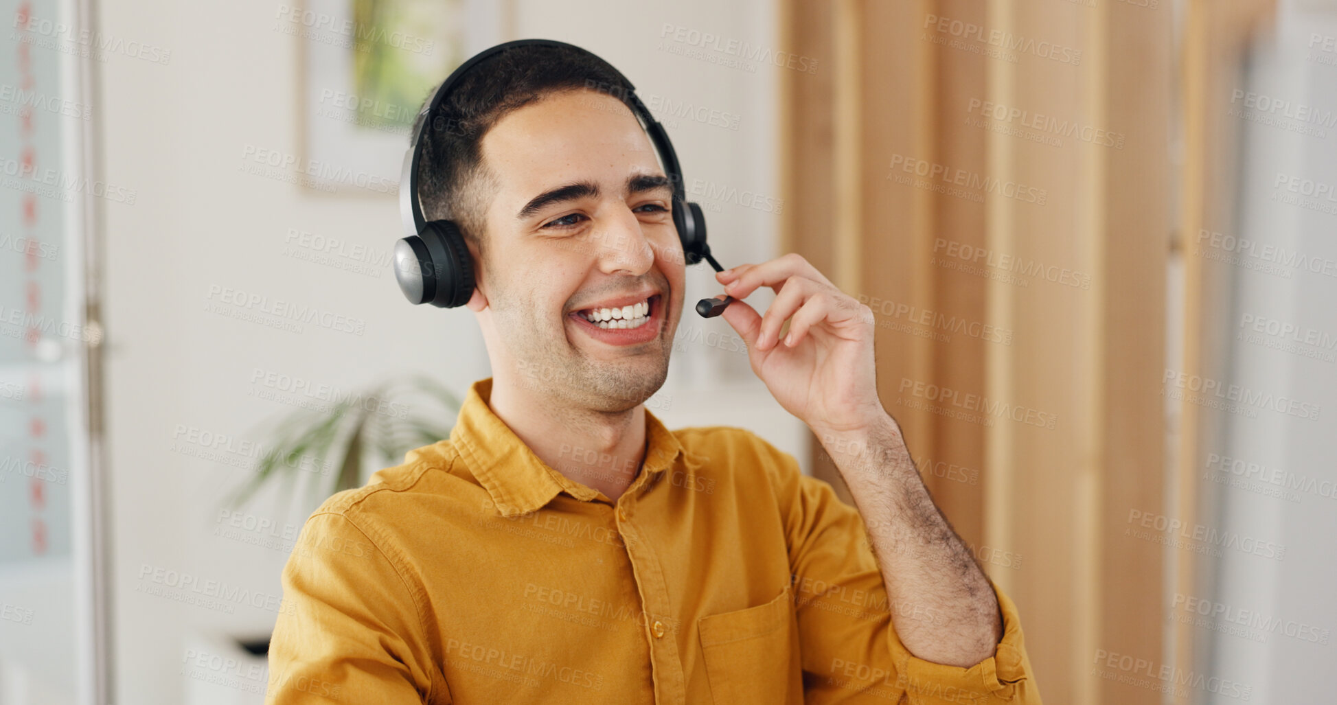 Buy stock photo Call center, man and consulting at computer with smile for CRM questions, FAQ contact and IT support. Happy telemarketing agent, salesman and communication of telecom advisory, solution and help desk