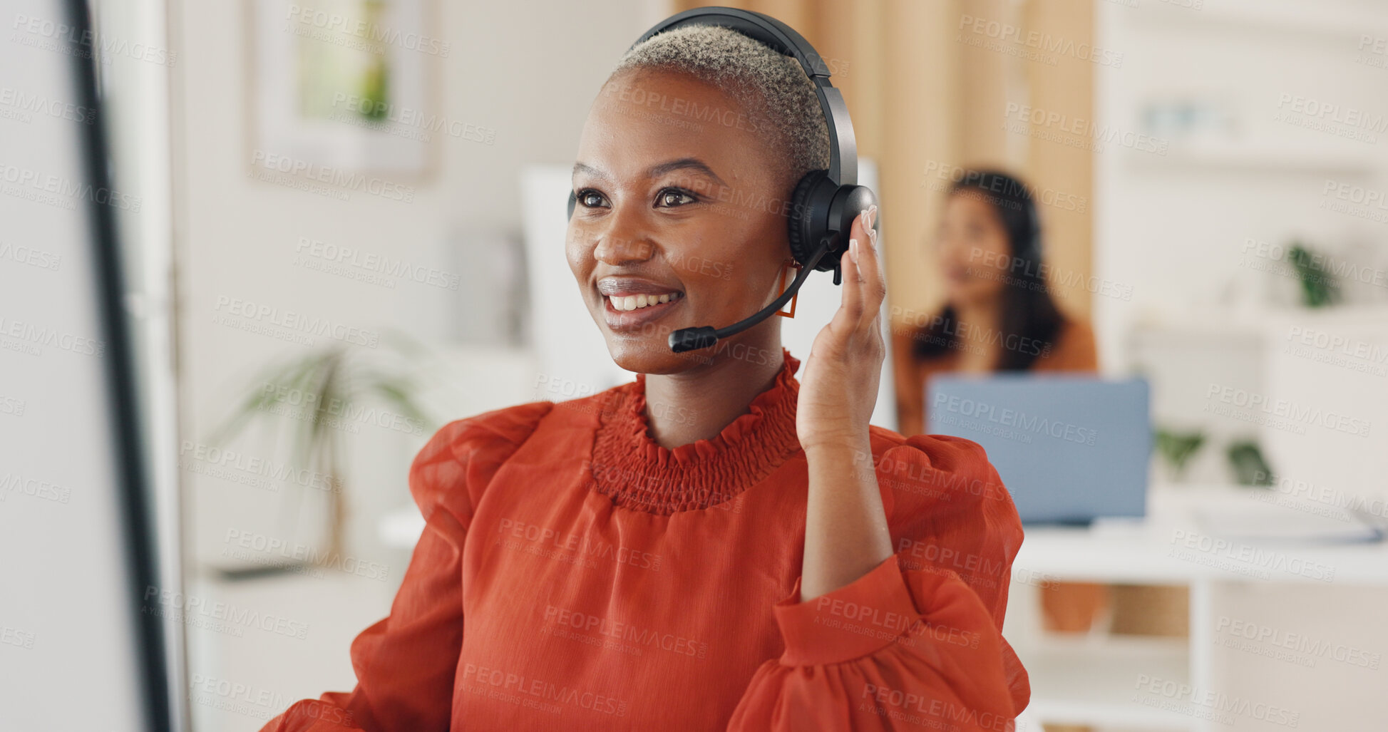 Buy stock photo Call center, black woman and communication at computer in office for CRM questions, FAQ contact and IT support. Happy telemarketing agent at desktop for sales advisory, telecom solution or consulting