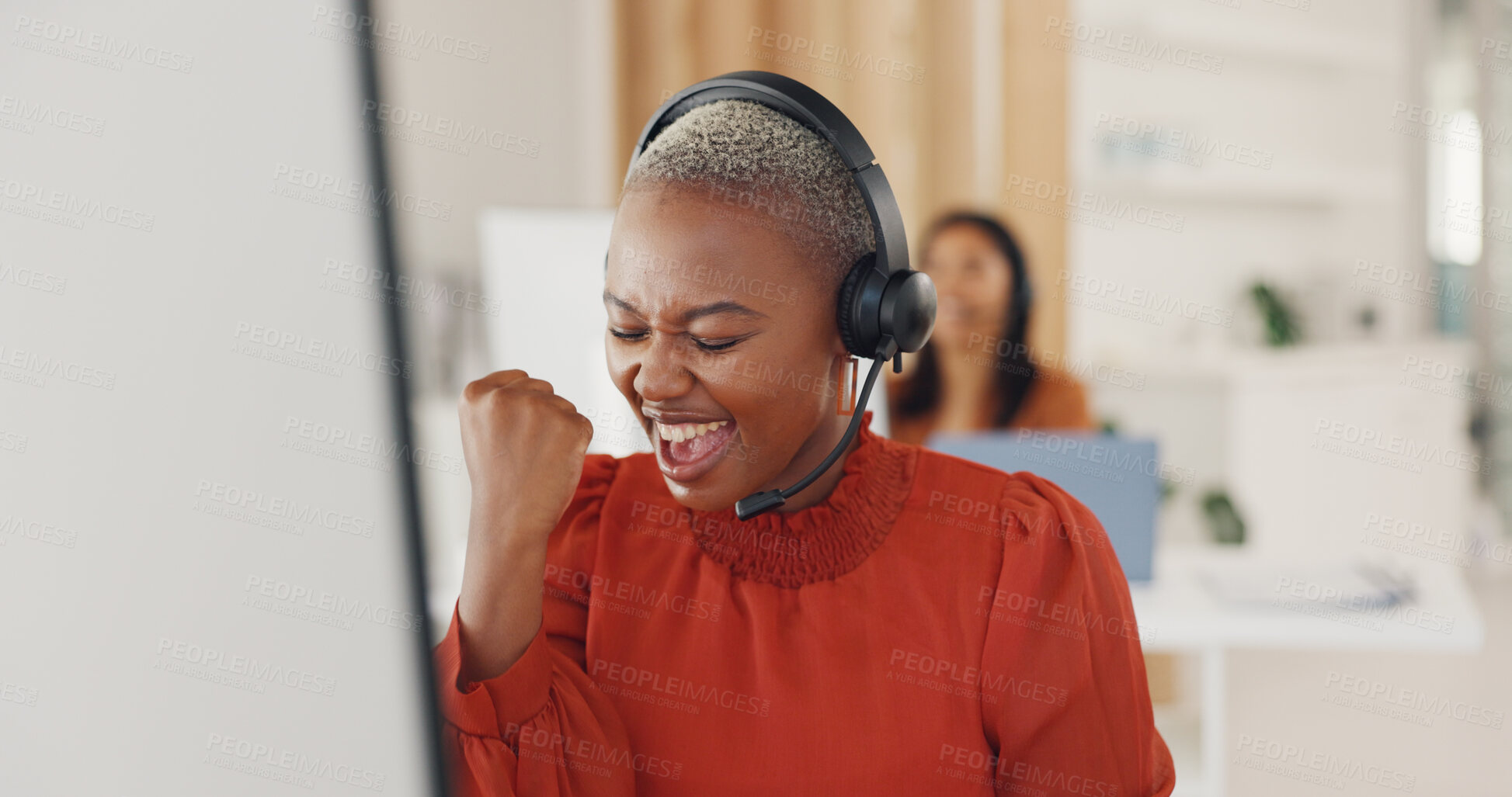 Buy stock photo Winner, success and target with a black woman in a call center for customer service or support. Wow, motivation and celebration with a young employee consulting in a crm or telemarketing office