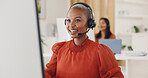 Contact us, call center and crm, black woman at computer in office, customer service agent with headset and smile. Help desk, telemarketing or sales consultant, happy advisory support and consulting.