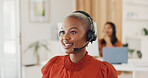 Contact us, call center and crm, black woman at computer in office, customer service agent with headset and smile. Help desk, telemarketing or sales consultant, happy advisory support and consulting.