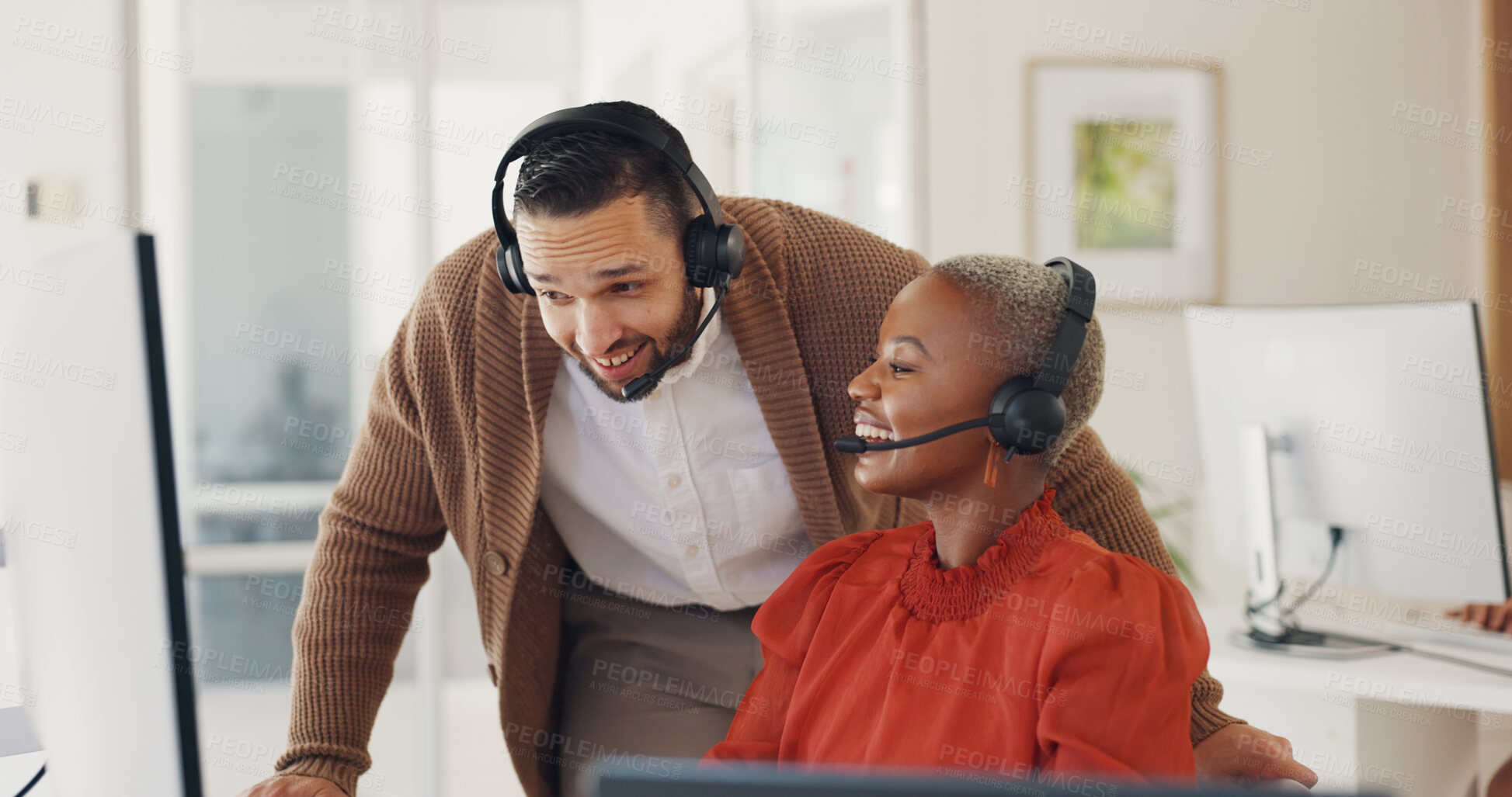 Buy stock photo Customer service, happy man training black woman at computer and call center agent internship in office. Coaching, learning and team, manager with telemarketing consultant at desk and help with sales