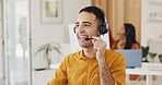 Contact us, call center and crm, man at computer in modern office, customer service agent with headset and smile. Help desk, telemarketing or sales consultant, happy advisory support and consulting.