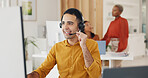 Contact us, call center and crm, man at computer in modern office, customer service agent with headset and smile. Help desk, telemarketing or sales consultant, happy advisory support and consulting.