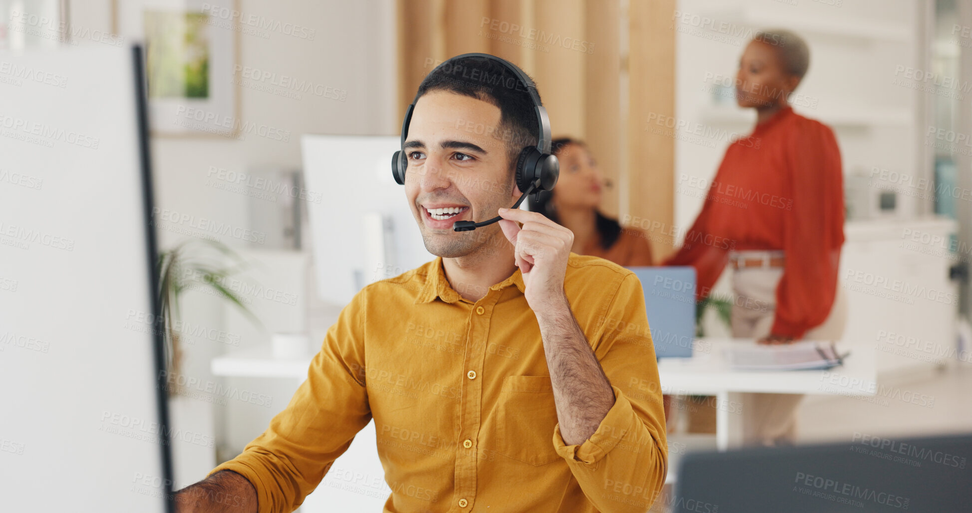 Buy stock photo Call center, man and communication at computer in office for CRM questions, FAQ contact and IT support. Happy telemarketing agent at desktop for sales advisory, telecom solution and consulting client