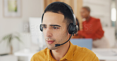 Businessman, documents or call center computer in customer support office, b2b sales company or telemarketing crm startup. Smile, happy or talking receptionist and technology or coworking space paper