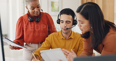 Woman, leadership and telemarketing team training with tablet, consultant documents and customer support consulting. Diversity, teamwork coaching and conversation in call center for crm management