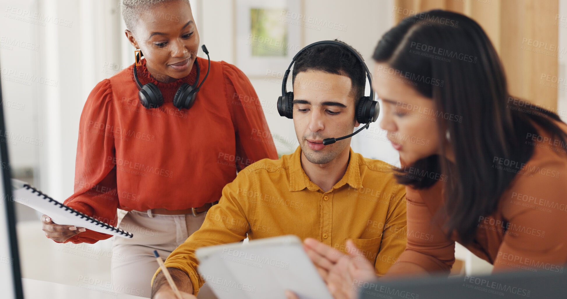 Buy stock photo Documents, call center or telemarketing team training with sales consultants for customer support. Diversity, teamwork or woman teaching in conversation for crm management, coaching or education