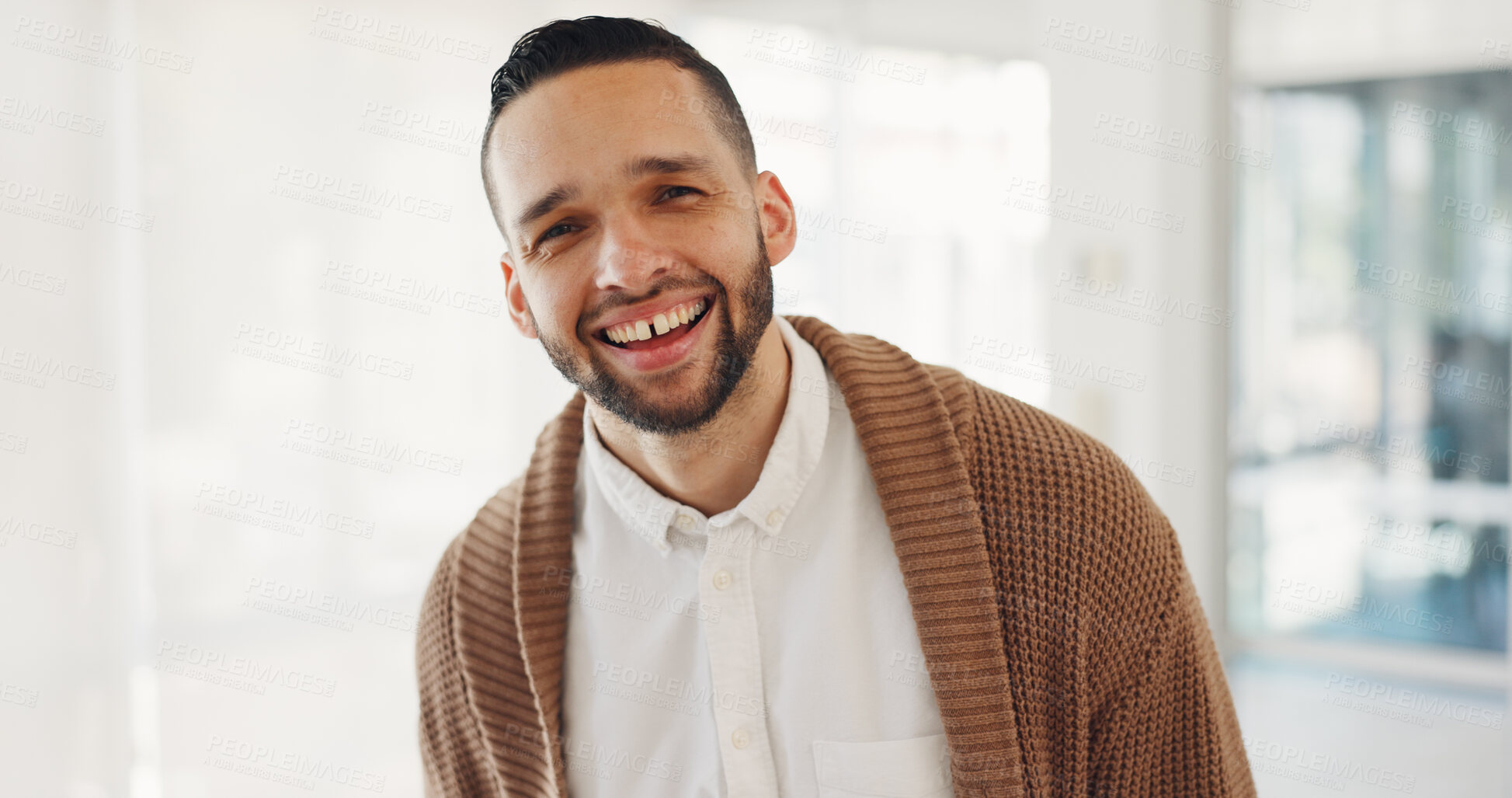 Buy stock photo Portrait, smile and business man in company, startup office or workplace for career or job. Face, creative designer and funny professional worker laughing, happy employee and entrepreneur in Brazil