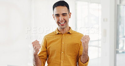 Celebration, winning and businessman with success in office for profit bonus, victory and business deal. Happiness, winner and portrait of male worker shaking fist, cheering and excited for promotion