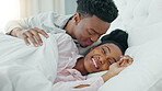 Relax, couple and love in bedroom kiss, rest and comfort in happy relationship together at home. Man and woman lying in bed relaxing, talk and smile in comfortable house and morning happiness