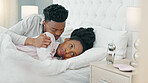 Couple in bedroom after fight, frustrated black woman and man comfort young angry girl. Home together, sad argument and ignore relationship problem. Stress from mistake, risk divorce or breakup