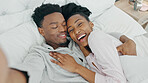 Selfie influencer couple in bed and portrait smile for fun indoor weekend or waking up together in the morning. Fun, happy black people in bedroom and a POV portrait photo for social media content