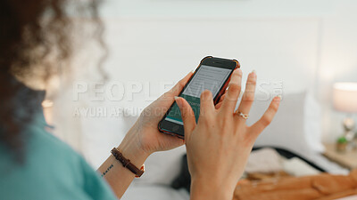 Woman hands, phone and travel website or social media scroll of a person booking a vacation. Holiday research ui, online and planning on a mobile in a bedroom on the internet at home reading a blog