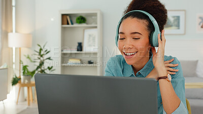 Buy stock photo Video call, laptop or happy woman in headphones listening or talking online in home office. Remote work, communication or connection for webinar, advice and networking for freelance advisory job