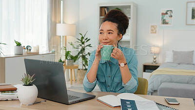Woman, coffee and remote work from home consultant enjoy cup of tea, beverage and drink in house, apartment and room. Happy girl, freelancer and drinking coffee while working on laptop blog online