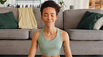 Gratitude, meditation and face of a woman with peace, mind freedom and happy with spiritual journey on floor. Yoga, zen and portrait of a girl with prayer hands during calm exercise in the lounge