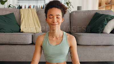 Gratitude, meditation and face of a woman with peace, mind freedom and happy with spiritual journey on floor. Yoga, zen and portrait of a girl with prayer hands during calm exercise in the lounge