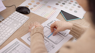 Phone, app and planning with the hands of a woman in business working on software development in her office. Design, creative and strategy with a female employee at work on a smartphone application