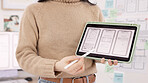 App, developer and woman with hands on tablet design screen for development of ui, ux and tech project. Designer, display and innovation employee in office with digital illustration presentation.