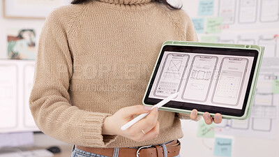 App, developer and woman with hands on tablet design screen for development of ui, ux and tech project. Designer, display and innovation employee in office with digital illustration presentation.