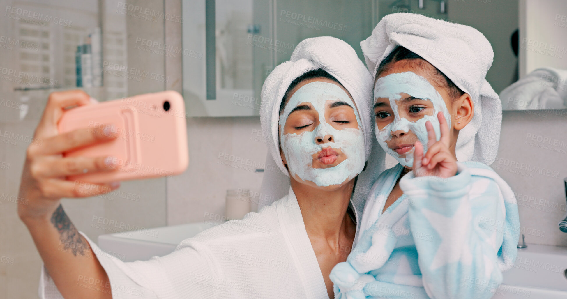 Buy stock photo Beauty, family skincare and facial selfie with mother and girl in bathroom with face mask for wellness. Peace sign, social media picture with mom and child in family home with bonding, love and care