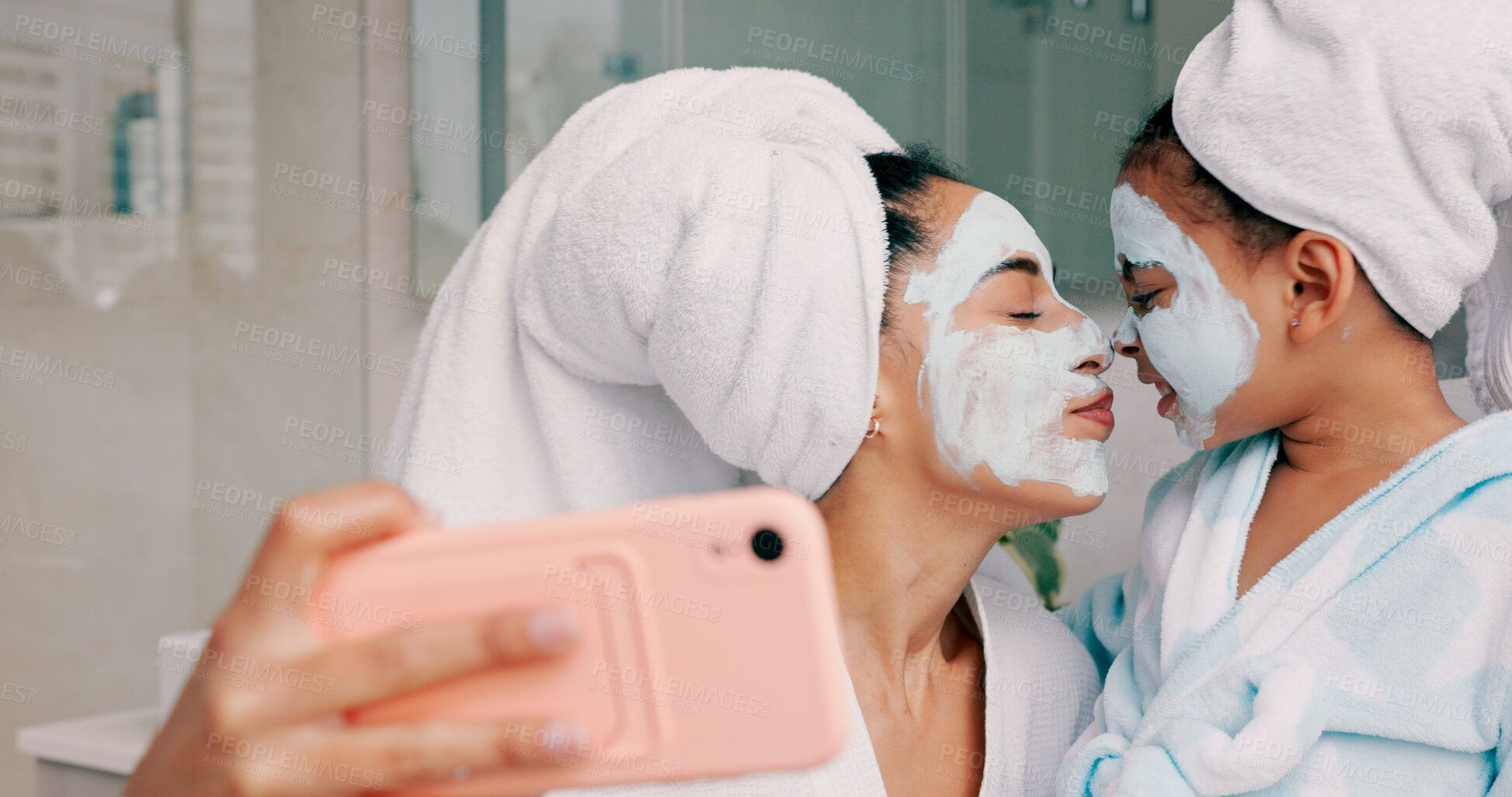 Buy stock photo Selfie, face mask and bathroom mother, kid and nose rub pose for memory photo, bond or home facial treatment. Love picture, cream and morning child, mom or family post cosmetics routine to online app