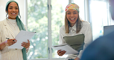 Business women, teamwork or diversity meeting on paper or documents review in coaching or training feedback. Smile, happy or talking speaker in leadership workshop, collaboration or strategy planning