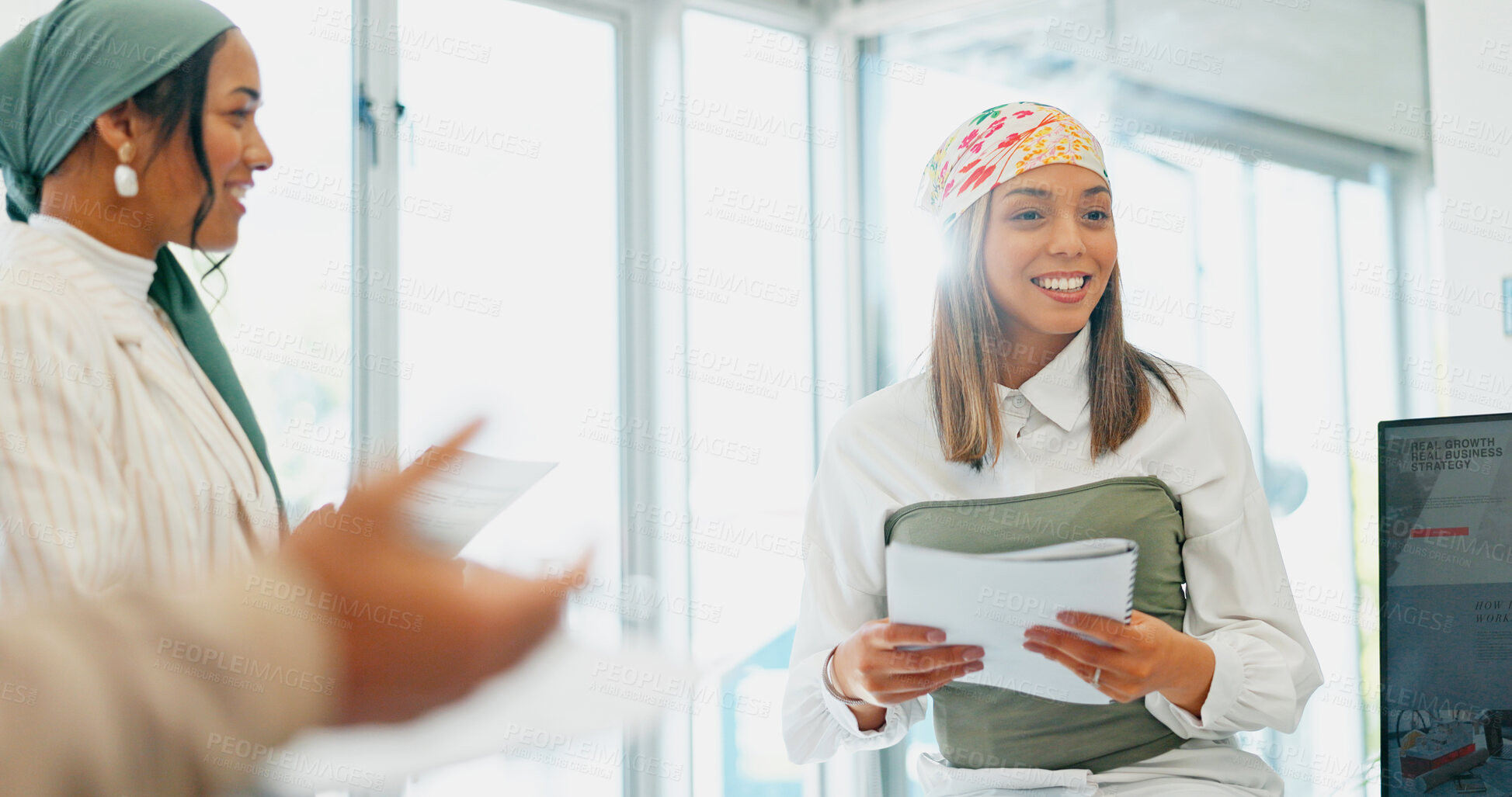 Buy stock photo Happy woman, documents or business workshop for training or coaching feedback on paperwork. Teaching team, group mentorship or speaker speaking of leadership for startup education in review meeting 