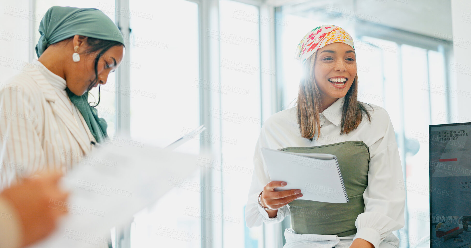 Buy stock photo Happy woman, paperwork or business workshop for training or coaching feedback on documents. Teaching team, group mentorship or speaker speaking of leadership for startup education in review meeting 
