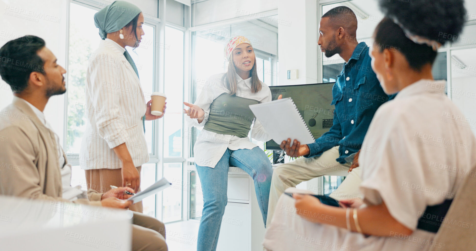 Buy stock photo Woman, teaching or business workshop for training team or group coaching feedback on paperwork. Talking to staff, mentorship or speaker speaking of leadership for startup education in review meeting