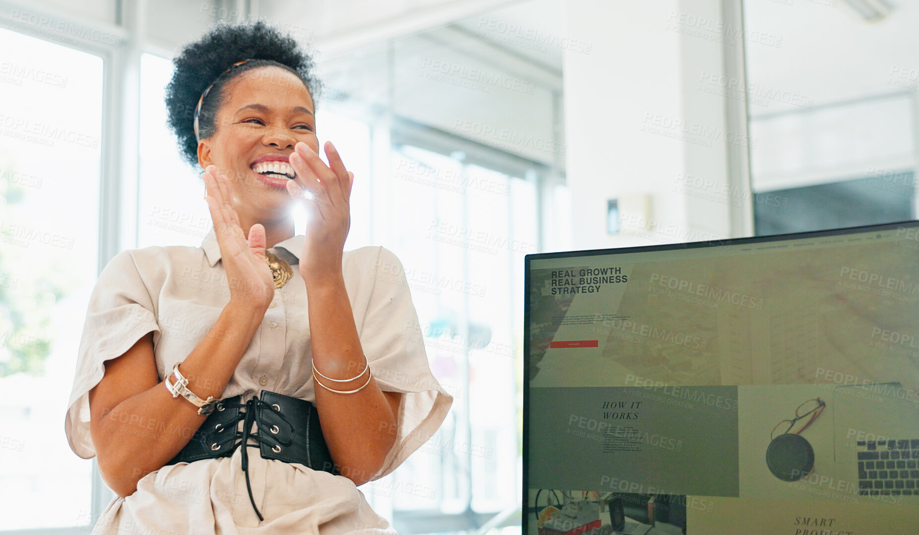 Buy stock photo Presentation, smile and applause with a business woman looking excited in the boardroom during a meeting. Success, target and motivation with a happy young employee clapping in the office at work