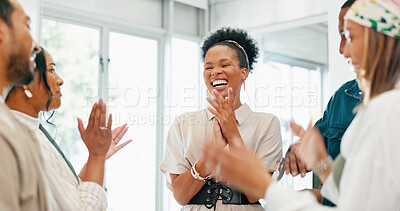Business people, diversity and clapping in high five, teamwork or collaboration in company growth, target or global goals. Smile, happy or office applause, winner celebration or success hands gesture