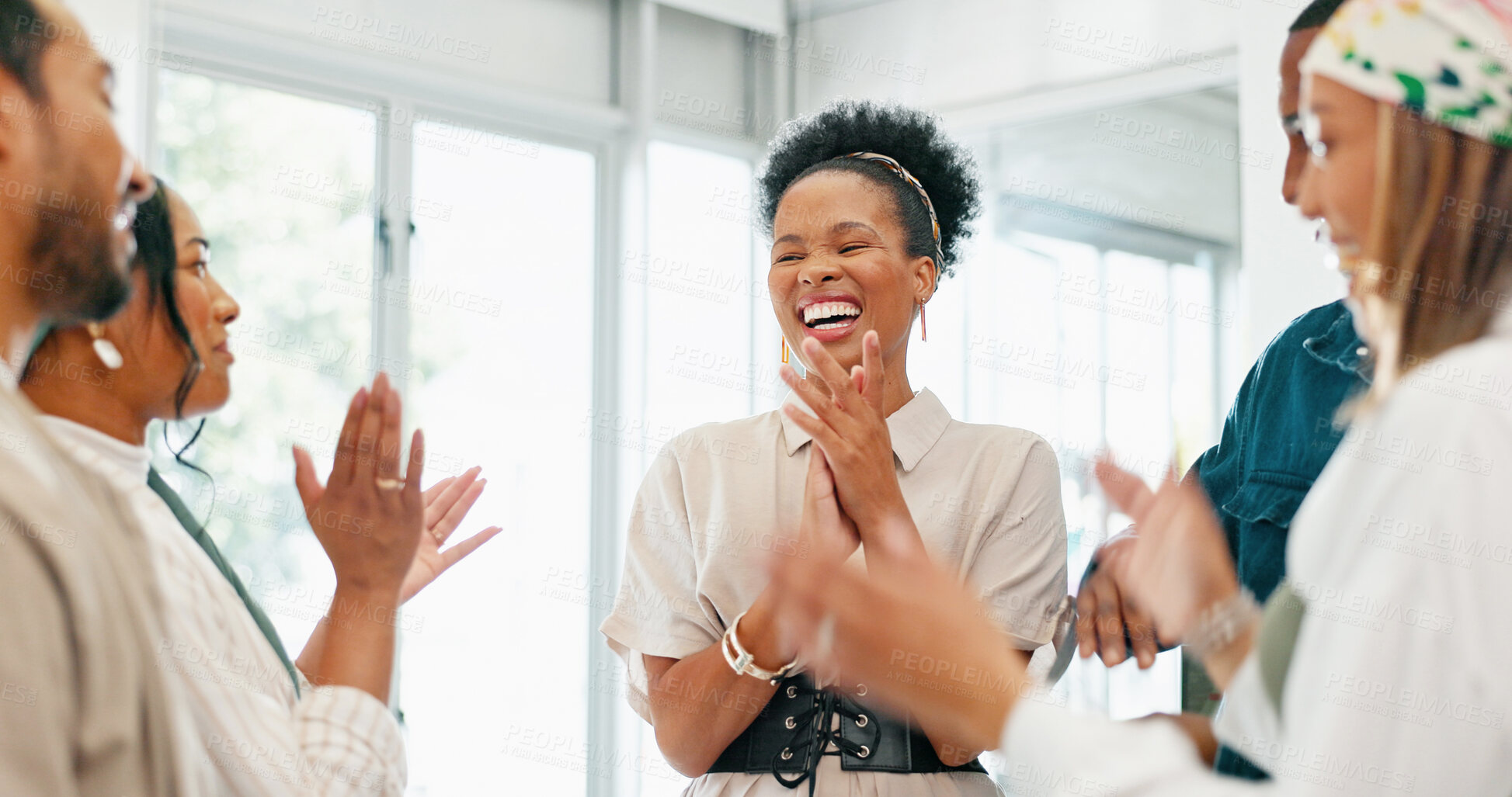 Buy stock photo Teamwork, business people and clapping in office to celebrate success or achievement. Applause, happy and diversity group excited for win, goals and target or team building and feedback for good job