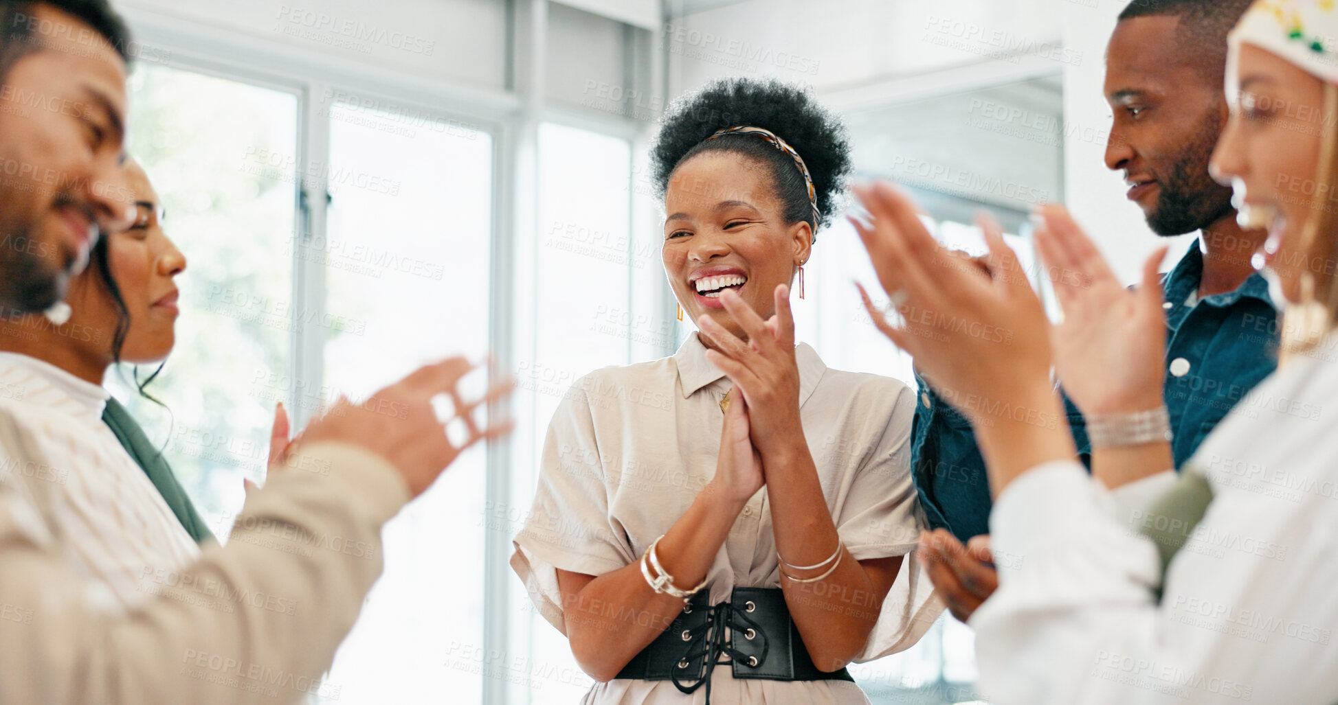 Buy stock photo Teamwork, business people and applause in office to celebrate success or achievement. Clapping hands, happy and diversity group excited for win, goals or team building and feedback for good job