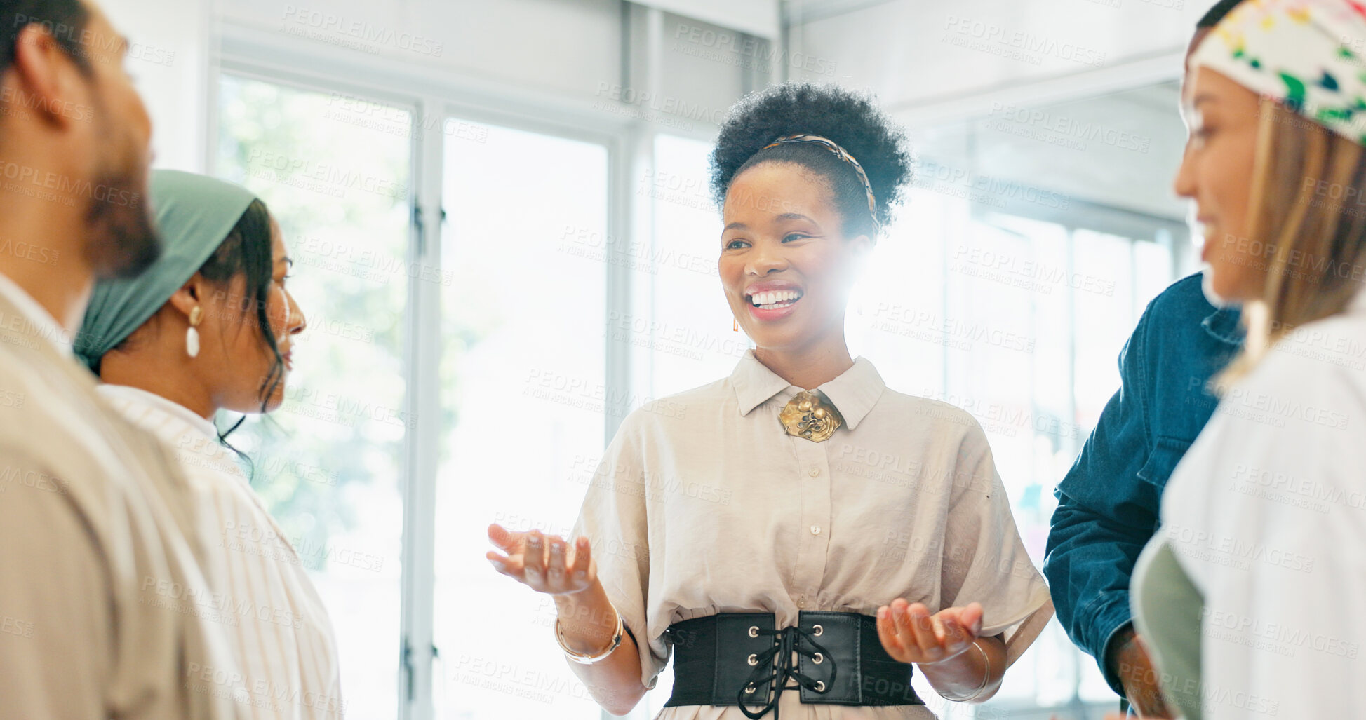 Buy stock photo Team, business people and discussion with a woman leader for training meeting and feedback. Smile, happy and diversity group with manager talking for workshop, collaboration or planning in an office