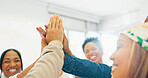 Business people, teamwork or diversity in high five, support or collaboration growth, target or global goals. Smile, happy or hands together in office solidarity, motivation or winner success gestureBusiness people, teamwork or diversity in high five, sup