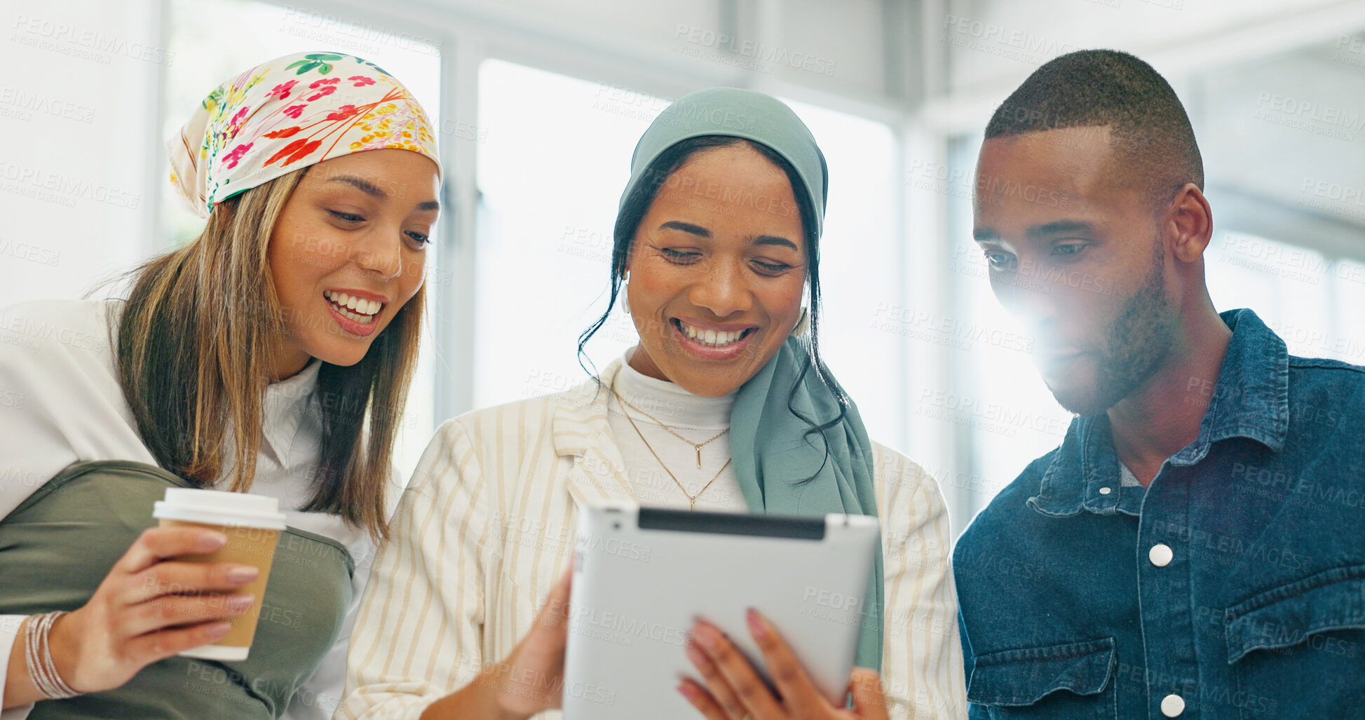 Buy stock photo Happy creative people, tablet and meeting in team planning, networking or communication at office. Group of employees smile with technology in teamwork, project plan or startup together at workplace