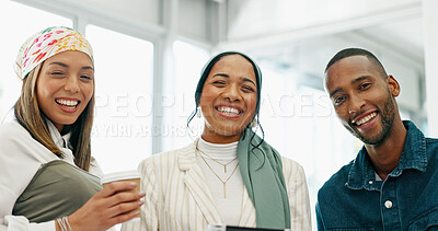 Business people, portrait or laughing in meeting and tablet, company joke or funny comic meme in office bonding. Smile, happy or creative women and man on technology in diversity teamwork or about us