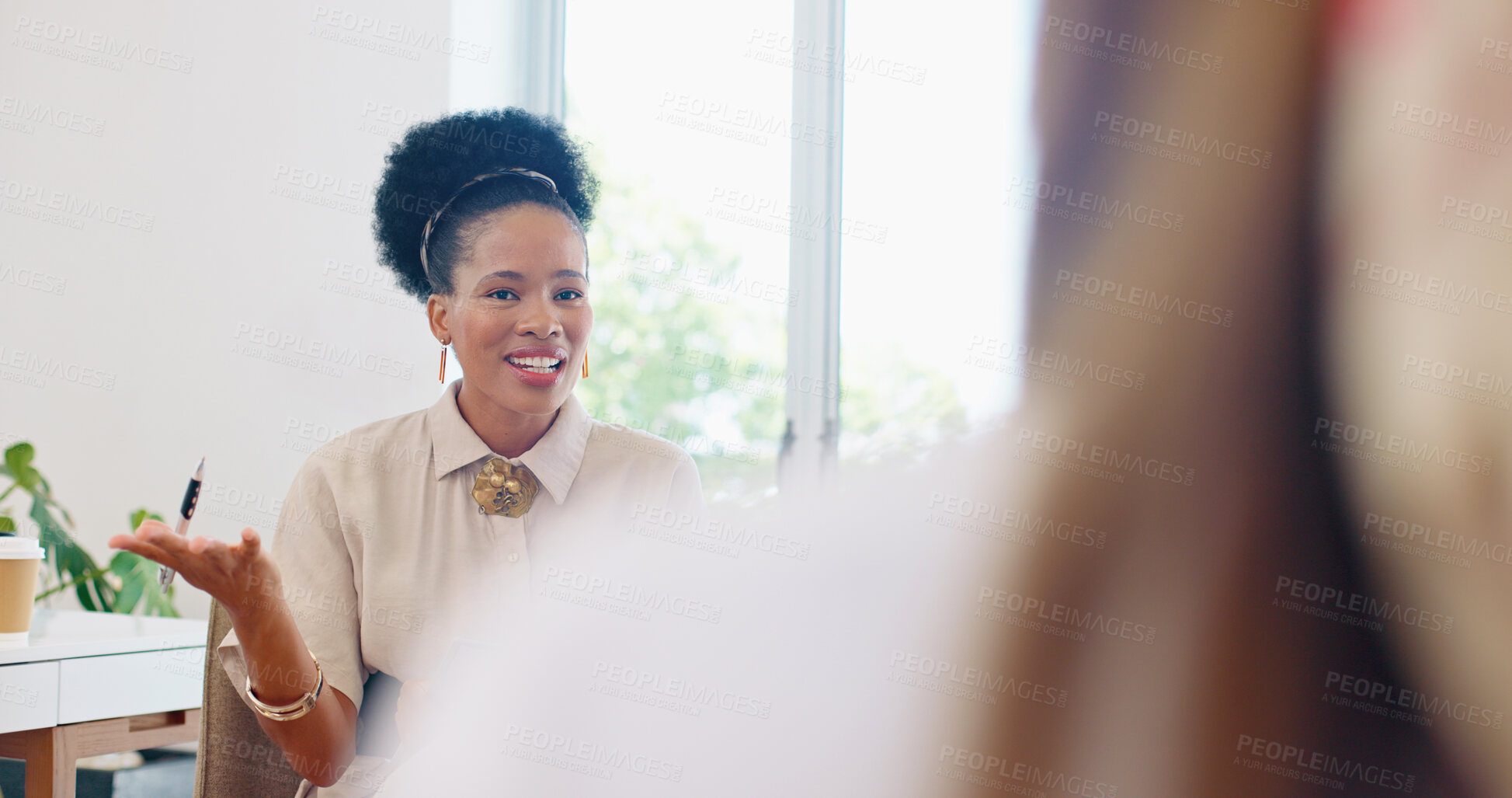 Buy stock photo Confused, review and a black woman human resources manager in a meeting with a business employee. Question, feedback and a young female employee talking to a colleague in the office for discipline