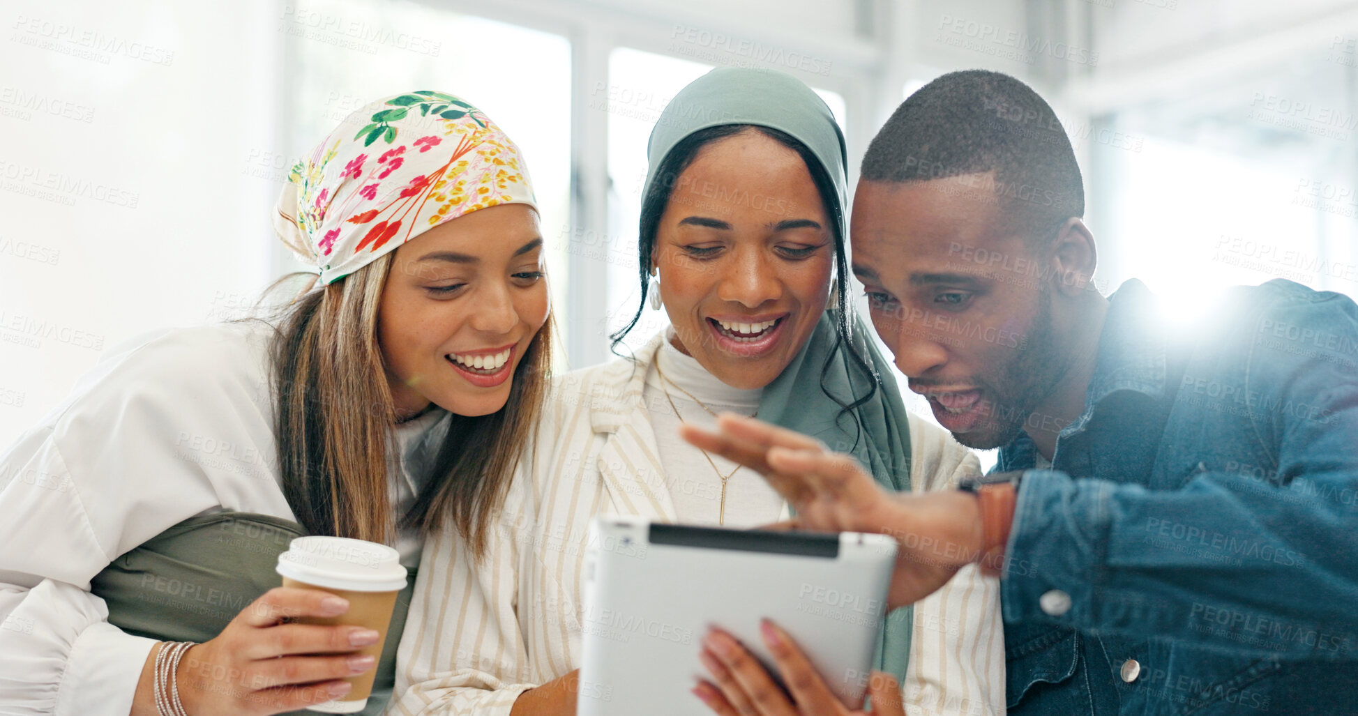 Buy stock photo Tablet, teamwork and creative with business people planning in office for idea, research and project management. Networking, communication and technology with group of employees for diversity