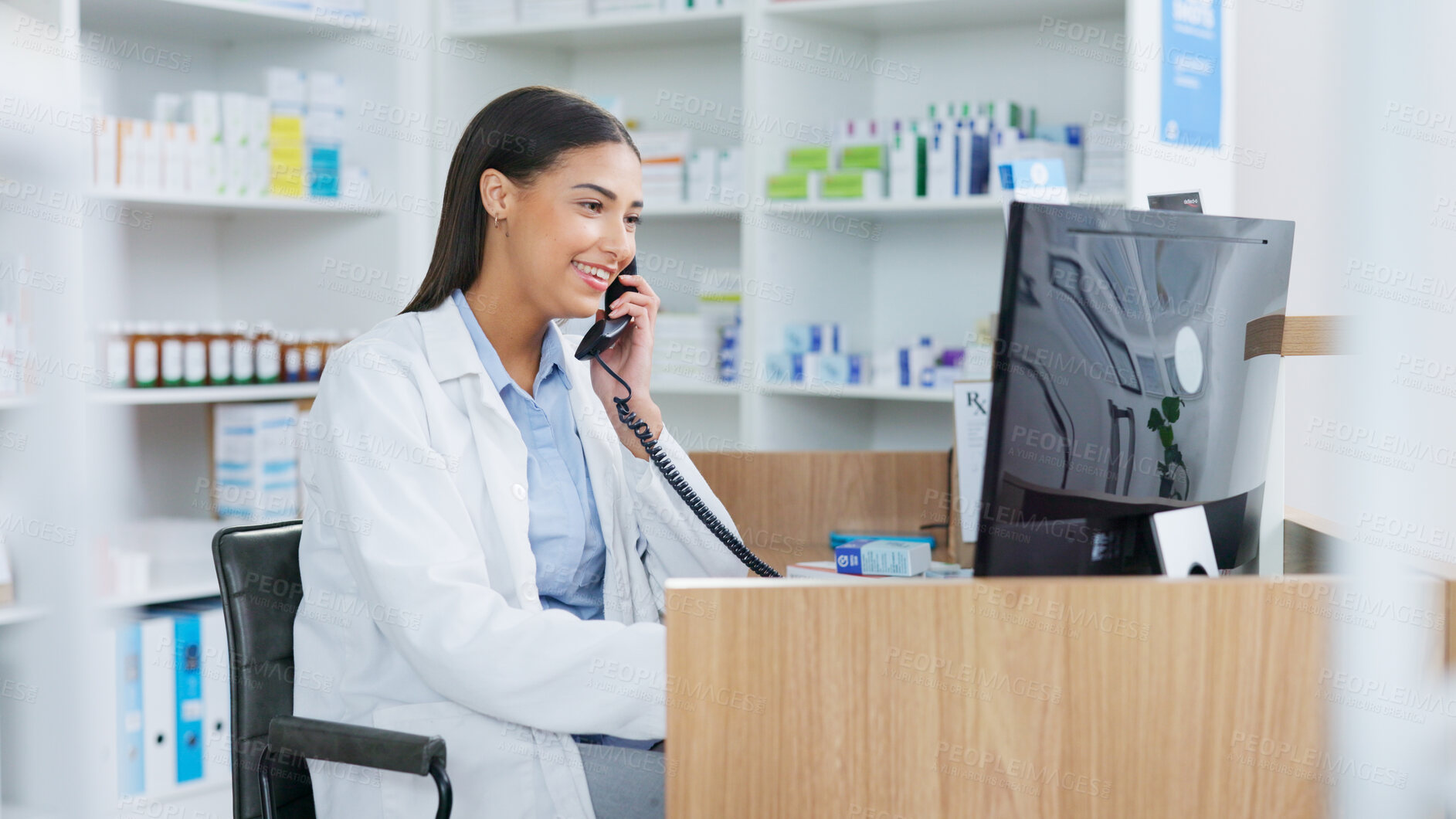 Buy stock photo Pharmacy, phone call and woman on telephone for medicine, online prescription and pills options. Healthcare, clinic and happy pharmacist on computer for communication, telehealth and medication